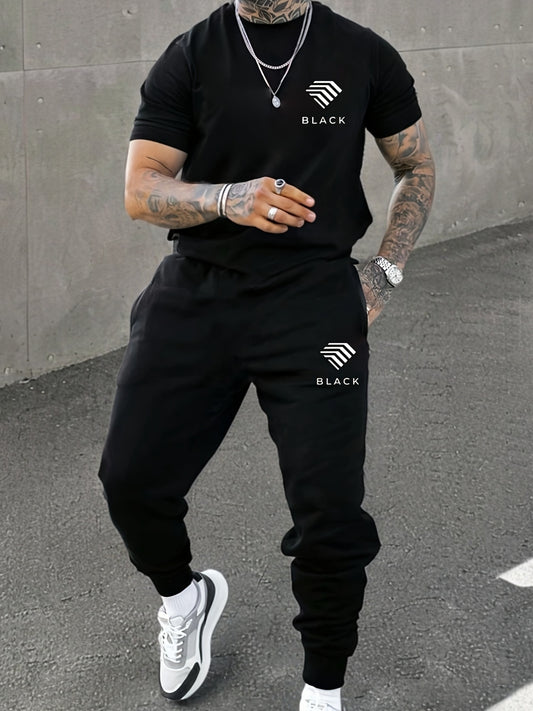 Տղամարդու առօրյա, կլոր օձիքով մարզաշապիկ, սև, նեղ տաբատ, միկրոառաձգական գործվածք, դասական, ավանդական