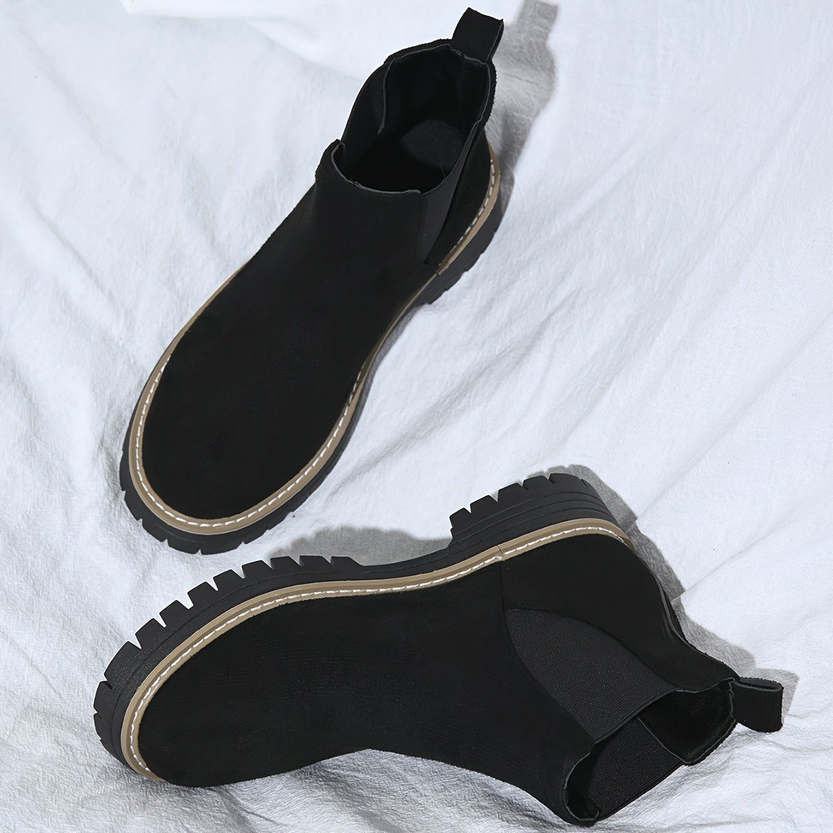 [Durable] Women's Black Ankle Boots - Comfortable Slip-On, Thick Sole, Elastic Side Straps, Round Toe, Casual Street Style, Versatile for All Seasons