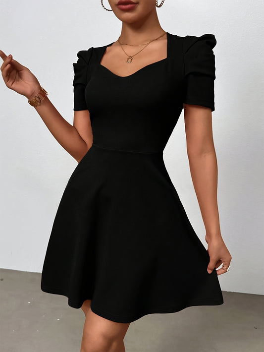 Elegant Heart Neck A-line Dress, Polyester Elastane Blend, Solid Color, All Season, Women'S Clothing - ayq