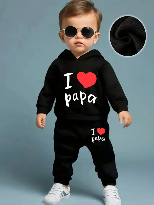 2pcs I Love Papa Print Kids Hoodie & Pants Set, Polyester Casual Raglan Sleeve Long Sleeve Hooded Sweatshirt & Pants for Toddler & Infant Boy'S & Girl'S Clothes, for Outdoor - Ayq