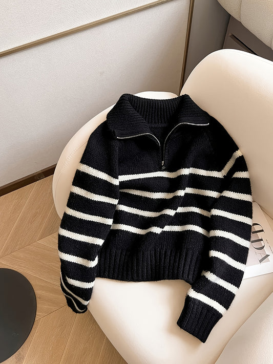 Striped Color Block Collared Sweater for Women Autumn Winter New Arrival Thick Half Zip Loose Soft Knit Top - ayq