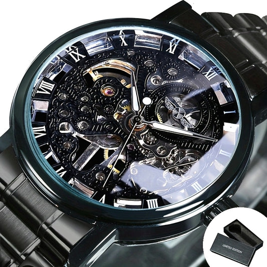 1pc T-WINNER Men'S Luxury Skeleton Automatic Mechanical Watch with Luminous Hands, Black Stainless Steel Strap & Roman Numerals - 3ATM High Quality, Business Casual Style, Includes Gift Box, Business Casual Watch | Skeleton W