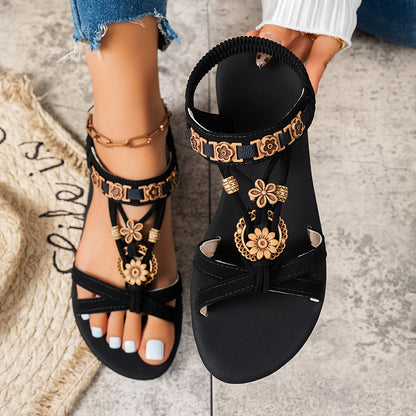 Women's Elegant Rhinestone Butterfly Flat Sandals - Black Open-Toe Slip-On with Golden Floral Buckles, Secure Elastic Strap for Summer Comfort, Ladies Sandals