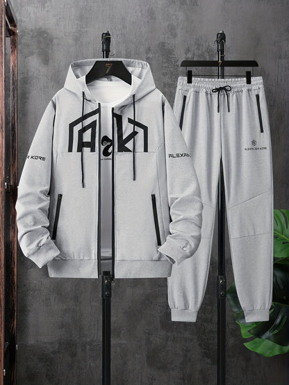 Տղամարդու AK տառերով տպագրությամբ երկար թևքերով վերնաշապիկ՝ կայծակաճարմանդով և երկար տաբատով, երկկտոր հավաքածու, թեթևակի ձգվող հարմարավետ հագուստ գարնան և աշնան համար