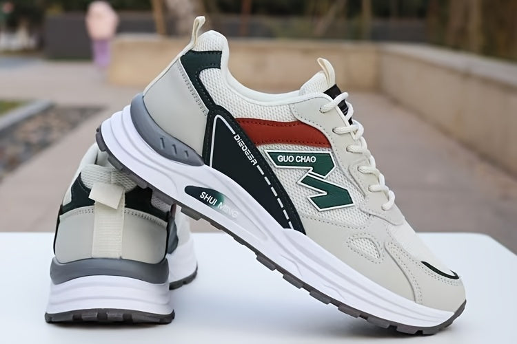 Տղամարդկանց շնչող ցանցե վազքի սպորտային կոշիկներ՝ ամուր, հակասահք, հոտակայուն, ռետինե ներբանով, գարնանային աշնան համար նախատեսված, ցածր, կապիչով դիզայնով, սպիտակ, սև և կանաչ գույներով։