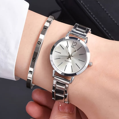 1 Piece Of Ladies' Stylish Round Pointer Quartz Watch And 1 Piece Of Jewelry