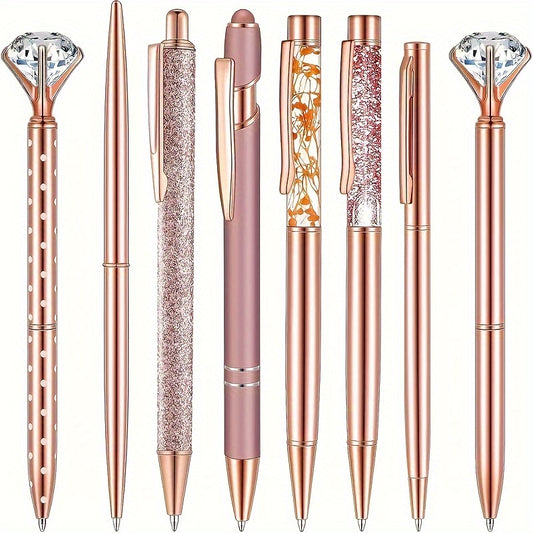 8pcs, 8pcs Rose Golden Metal Pen Set - Fashionable Metal Pens with Crystal Color Decoration - Perfect for Students, Office, Gifts and Weddings - Ayq