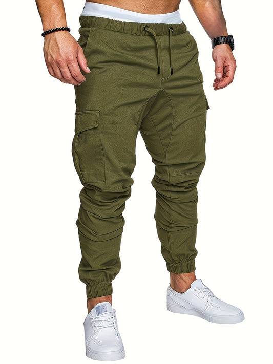 1pc Men'S Casual Cotton Cargo Pants, Solid Color, Regular Length, Non-Stretch Fabric, Drawstring Waist, Four Seasons, Standard Fit, Woven Weave
