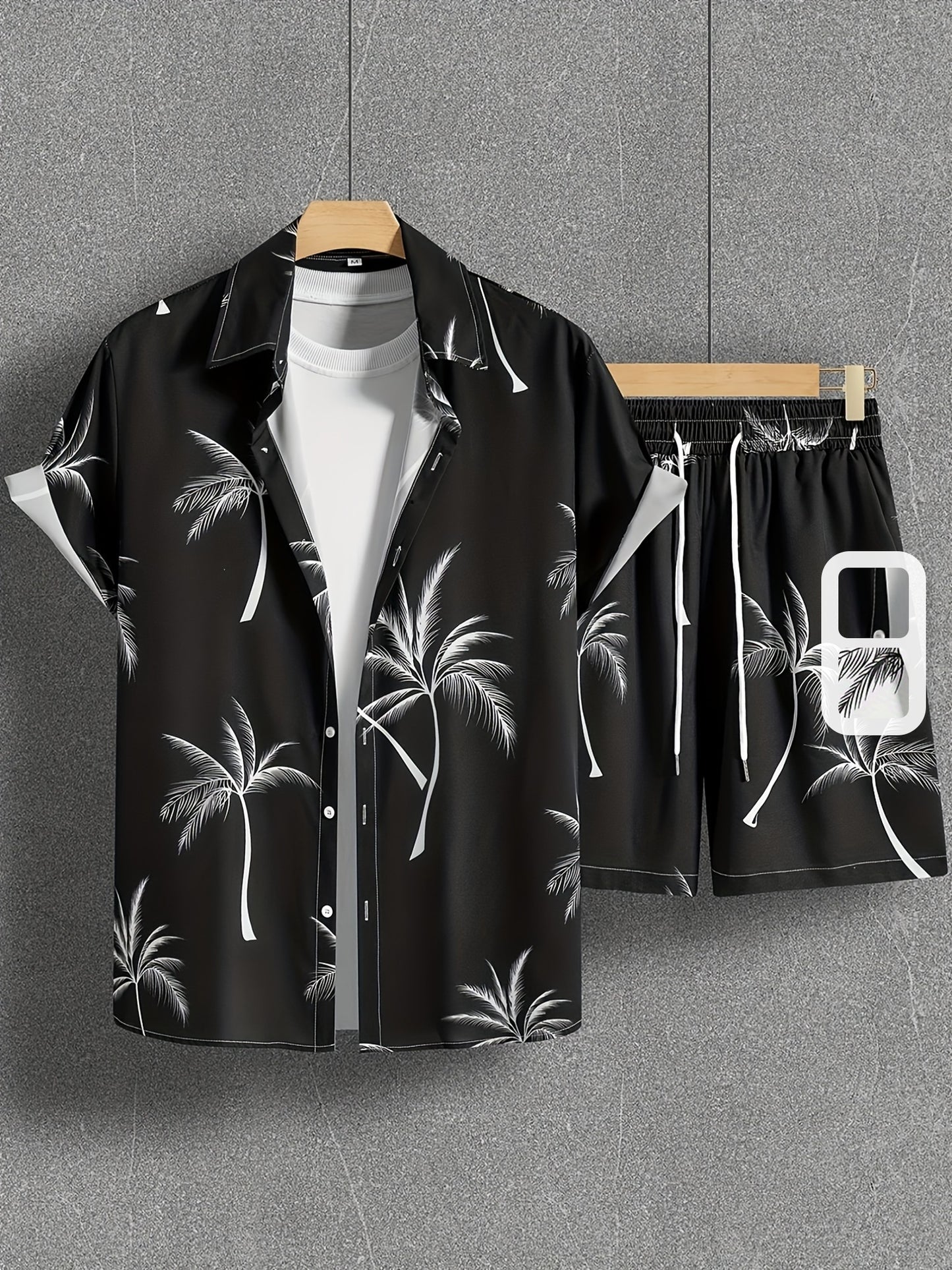 Կոկոսի ծառի նախշերով, տղամարդկանց 2 հատ հագուստ, առօրյա ճամբարային օձիքով, կոճակներով վերնաշապիկներ, հավայան վերնաշապիկ և լարով շորտեր ամառային հավաքածու, տղամարդկանց հագուստ