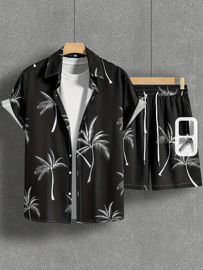 Կոկոսի ծառի նախշերով, տղամարդկանց 2 հատ հագուստ, առօրյա ճամբարային օձիքով, կոճակներով վերնաշապիկներ, հավայան վերնաշապիկ և լարով շորտեր ամառային հավաքածու, տղամարդկանց հագուստ