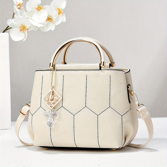 2025 New Women's Geometric Hexagon Pattern Crossbody Bag with Adjustable Strap & Golden-Tone Hardware - Zipper Closure, Polyester Lining, Multiple Colors (Khaki/Dark Gray/White/Pink/Red/Black) - Versatile for Casual & Formal