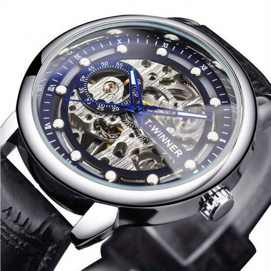 Men'S Luxury Mechanical Skeleton Watch with Golden-Tone Alloy Case & Faux Leather Strap - Mechanical Hand-Wind, World Time, Date Display, Elegant Fashion Accessory for Casual Attire, Mechanical Watch, Sophisticated Design, In