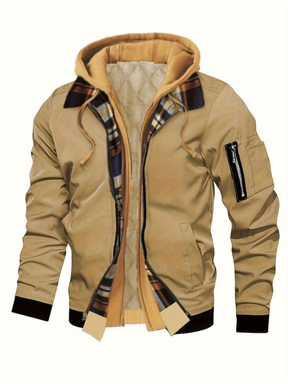 Men'S Warm Fleece-Lined Hooded Jacket with Plaid Details - Casual Winter Coat for Outdoor Activities, Zip-Up, Regular Fit, Polyester Lined, Functional Pockets, Windproof & Warm, Functional Winter Jacket | Stylish Men'S Jacket