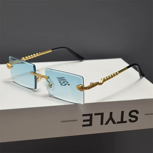 1 Pair Men's Frameless Rectangular Fashion Glasses with Golden Snake-Light Beige Metal Temples - Wide Fit (>139mm), Decorative Lens, Casual Fashion Accessories for Halloween/Christmas/Mother’s Day, Trendy Eyewear, Snake Pat