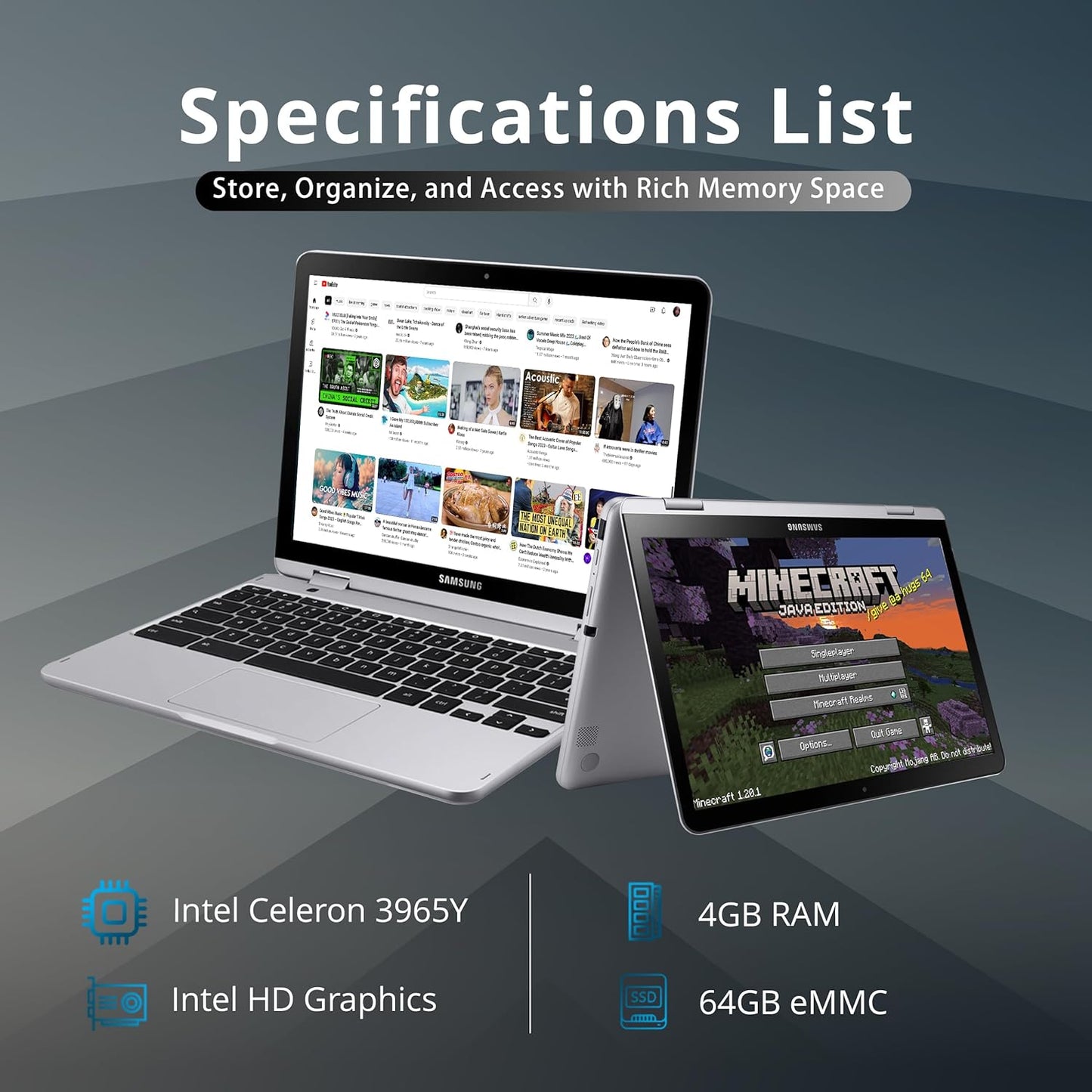 Samsung Chromebook plus V2 2-In-1 12.2" WUXGA LED Touchscreen Laptop, Intel Celeron 3965Y, 4GB RAM, 64GB Emmc, 2 Cameras, Stylus Pen, Island-Type KB, Wi-Fi 5, Chrome OS, Silver, 32GB USB Card