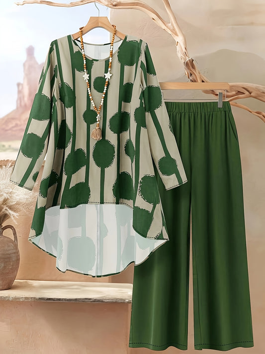 Plus Size, Women's Plus Size Printed Elegant Loose Long Sleeve Top and Pants Set