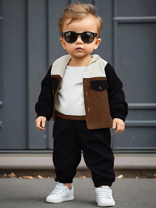 Boys' Suit, Spring and Autumn Season Stitched Hooded Jacket and Trousers Two-piece Set, Perfect for Outdoor - Ayq