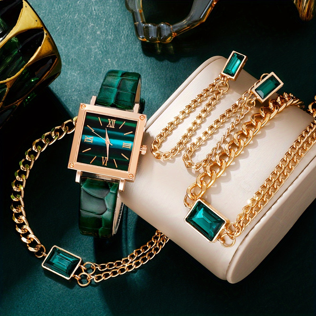 5pcs/Set Casual Simple Pointer Square Dial Women's Watch Set, PU Leather Strap Watch+4pcs Jewelry Set, A Selected Watch Set for Fashionable Ladies, Suitable for All Ladies