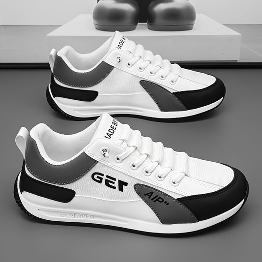 1 Pair Men's Breathable Low-Top Casual Sneakers - White & Black PU Upper with Rubber Sole, Lightweight Walking Shoes for Spring Summer Fall, Lace-Up Design & Fabric Lining, Spring Summer Footwear, Comfortable Fabric Lining