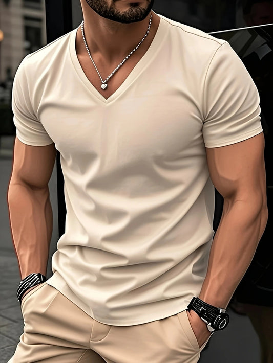 Տղամարդու կարճ թևքով V-ձև օձիքով շապիկ - շնչող ամառային առօրյա շապիկ, միագույն, սովորական չափսի, թեթև, հարմարավետ բացօթյա գործունեության համար, բազմակողմանի V-ձև օձիքով շապիկ, հարմարավետ չափսի