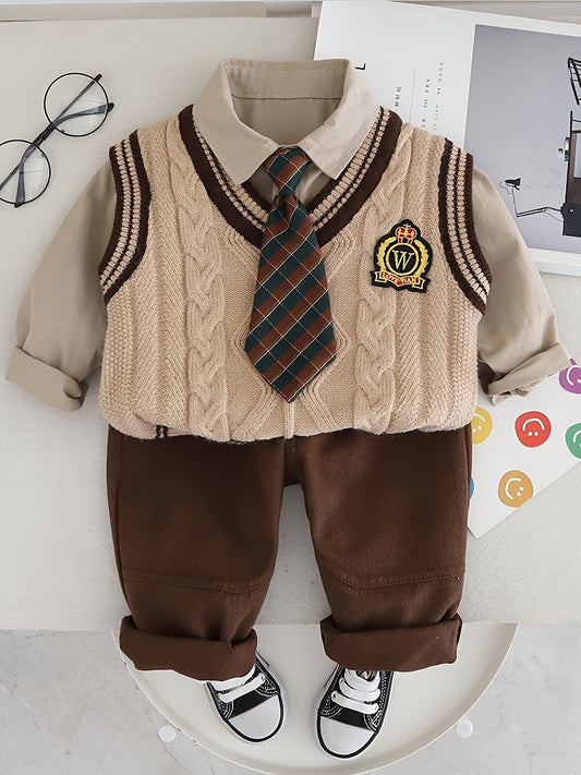 Boys' 3pcs Fall Outfit Set: Cotton Blend Shirt, Vest & Pants with Free Tie - Casual Style for Spring/Fall, Perfect for Outdoor - Ayq
