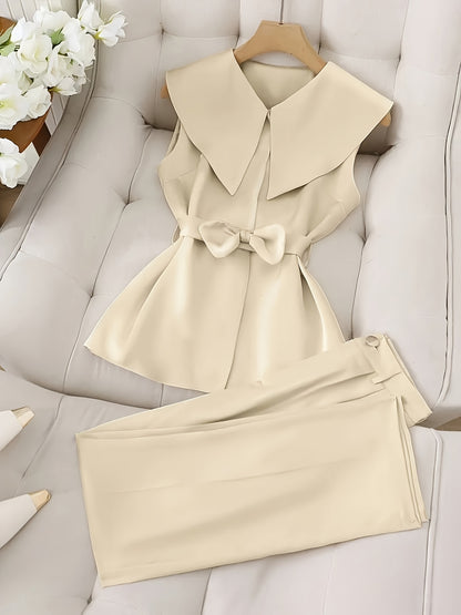 2 հատ էլեգանտ պոլիեսթերային տաբատային հավաքածու, ջրվեժաձև օձիք, միագույն անթև վերնաշապիկ և տաբատ, պոլիեսթերի և սպանդեքսի խառնուրդ, ժապավենաձև դետալներով, գարնանային և ամառային ոճ - Nian Nian