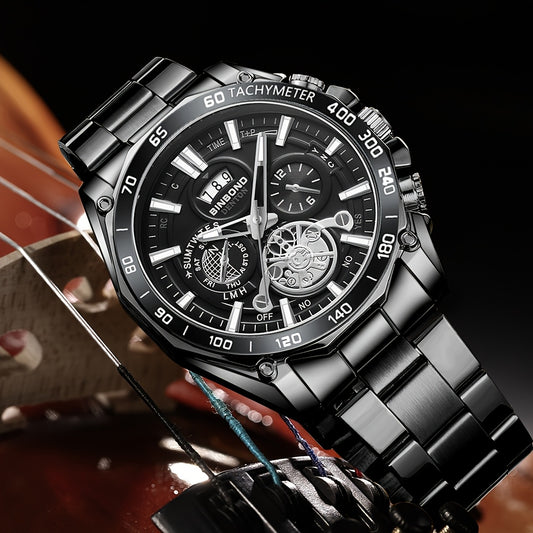 BINBOND տղամարդու շքեղ քվարցային ժամացույց՝ նրբագեղ սև, ջրակայուն՝ օրացույցով և լուսավոր սլաքներով, չժանգոտվող պողպատե ժապավենով, ամսաթվի ցուցադրմամբ, քրոնոգրաֆով և համաշխարհային ժամանակի հնարավորություններով՝ գործնական և ամենօրյա օգտագործման համար