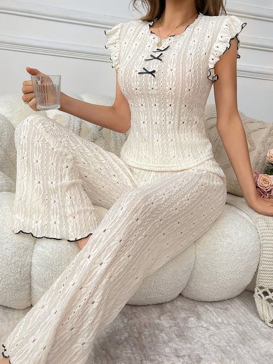 Elegant Women'S Lace Hollow Pajama Set with Contrast Trim and Bow Detail - Short Sleeve, Round Neck, Summer Sleepwear for Adults, Comfortable Polyester Blend, Perfect for Relaxing at Home, Summer Sleepwear | Contrast Trim Des