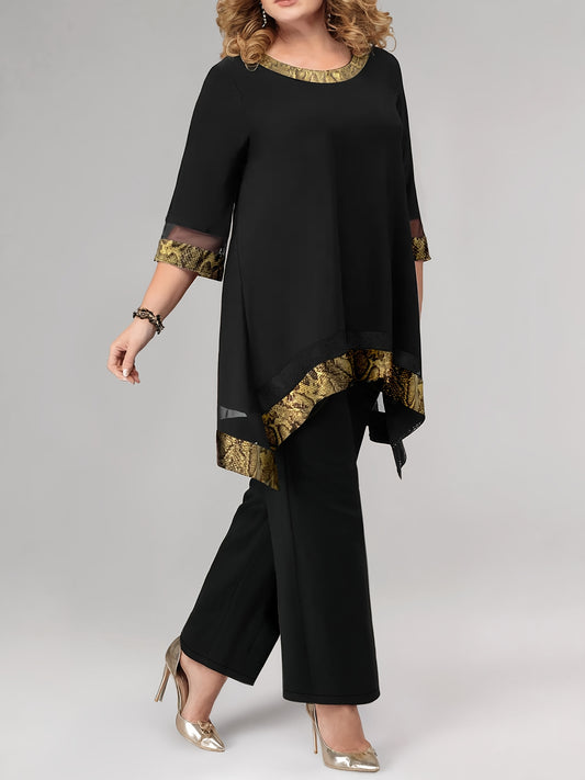 Կանացի նորաձև միագույն ցանցկեն միաձուլվող վերնաշապիկ գումարած տաբատ, երկկտոր կոստյում՝ ամենօրյա նրբագեղության համար