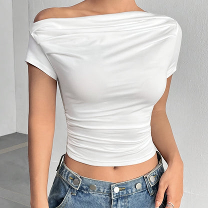 Women'S Asymmetrical Shoulder Ruffled Hem Short T-Shirt - ayq