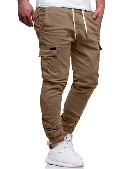 Men's Fashion, Regular Fit And Cuffed Solid Cargo Pants With Flap Pockets, Chic And Trendy Solid Drawstring Leisure Trousers For Daily Outerwear - ayq