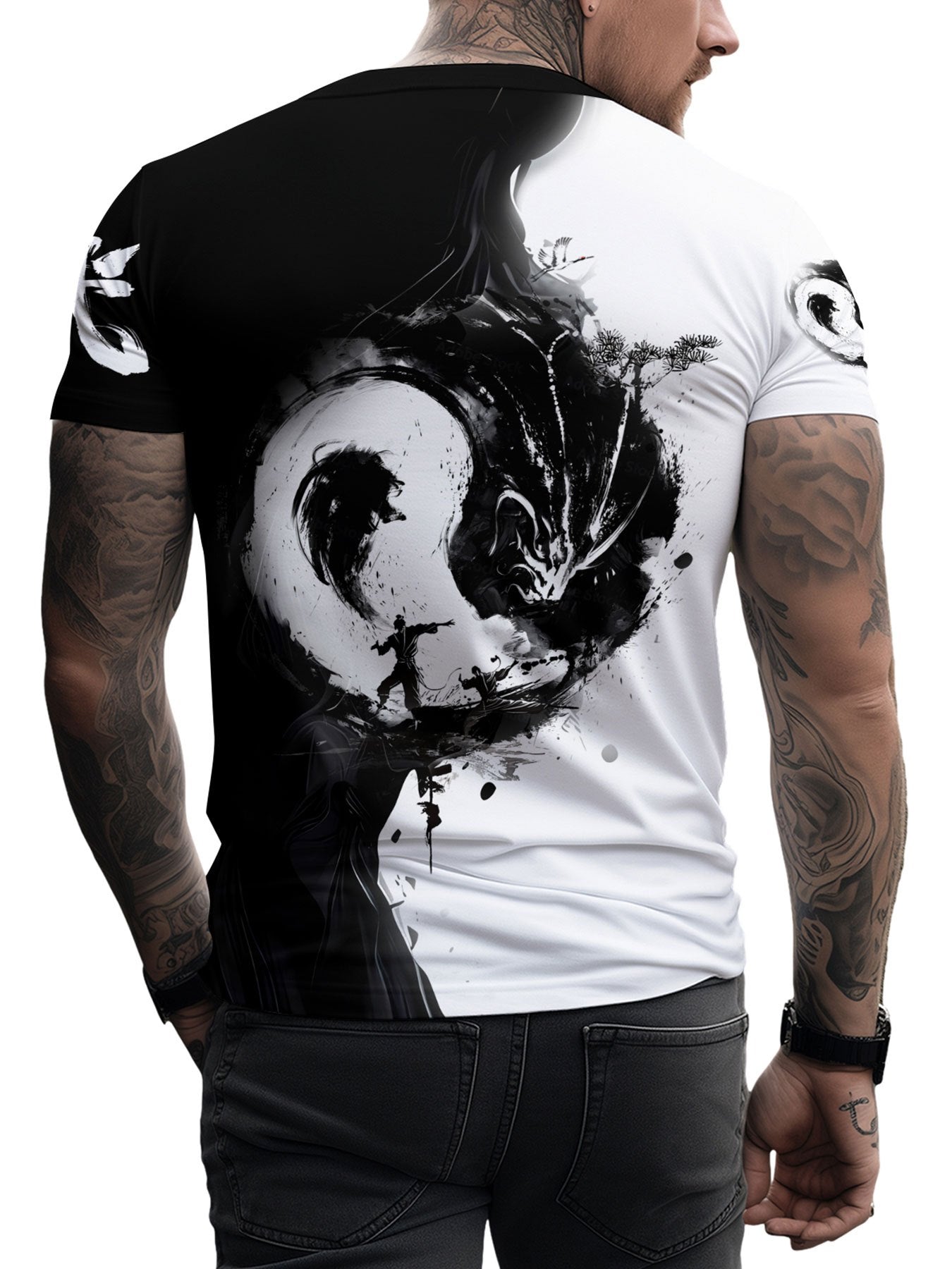 Տղամարդու Յին Յանգ 3D տպագրությամբ մարզաշապիկ՝ առօրյա, կլոր վզնոցով պոլիեսթերային մարզաշապիկ, թեթևակի ձգվող տրիկոտաժե գործվածք, սովորական չափս, 100% պոլիեսթերային մանրաթել, 100 գ/մ²