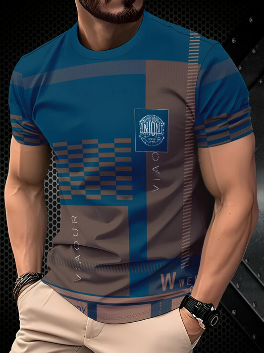 Men'S Navy  Brown Plaid Short Sleeve T-Shirt - "Union" Logo, Casual Crew Neck, All-Season Comfort, Regular Fit, Casual Attire   Plaid Pattern Top   Glossy Finish, PLUS SIZE