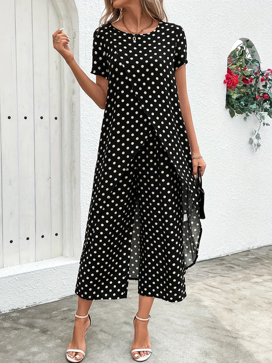 Շքեղ սև-սպիտակ, կարճ թևքերով, կլոր, սև-սպիտակ խալաթի և տաբատի հավաքածու - էլեգանտ ամառային կանացի հագուստ, կլոր վզնոց, չձգվող գործվածք՝ ասիմետրիկ մանրամասներով, հարմար է մեծ չափսերի համար, առօրյա, էլեգանտ հագուստ | Կետավոր կոշիկ