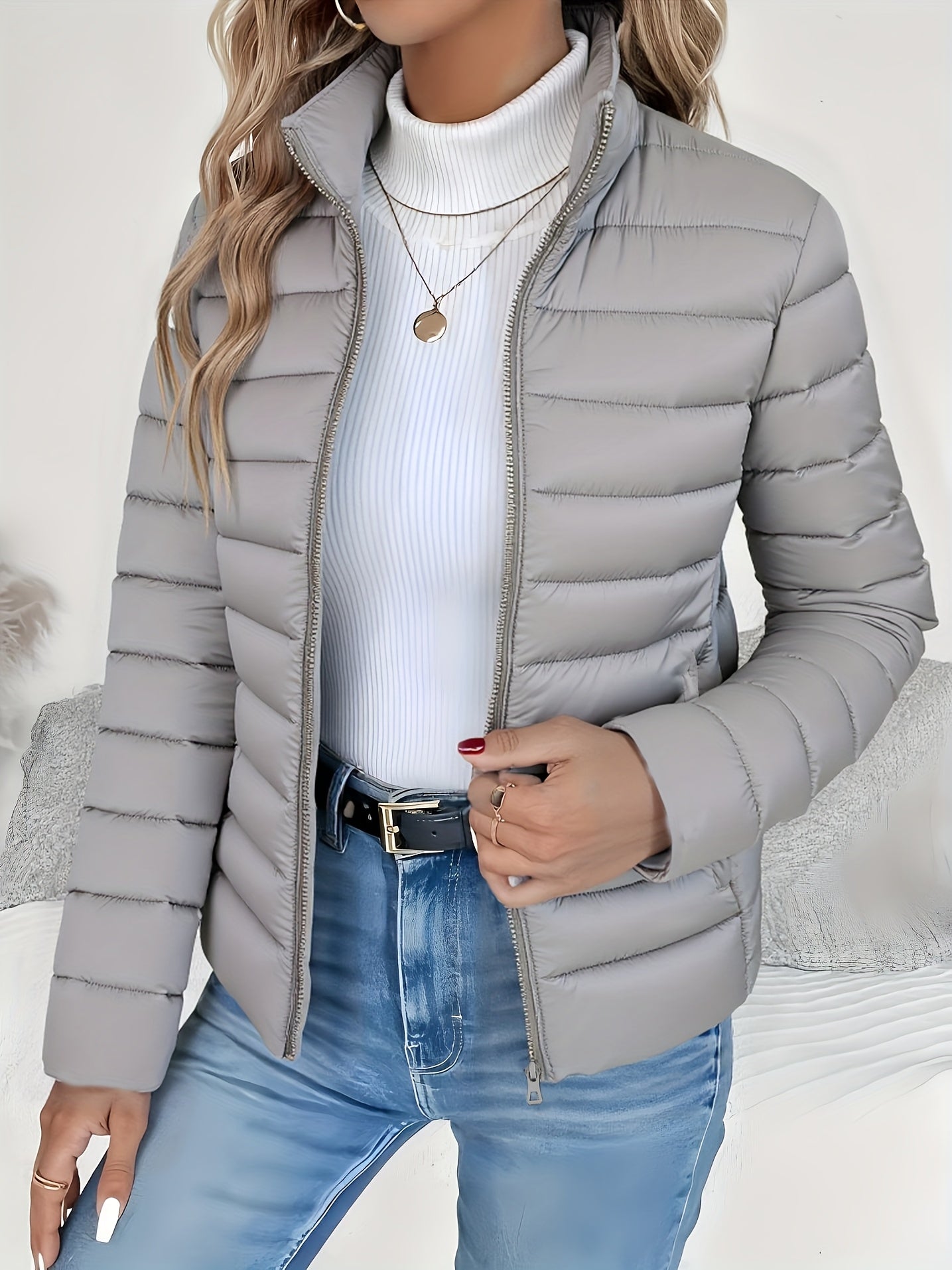 Women's Lightweight Winter Coat - Elegant Stand Collar Long Jacket, Machine Washable Cold Weather Outerwear for Fall/Winter, Formal & Everyday Use - Elegant Women's Outerwear, Casual Cold Wear, High Collar Design, Zipper Clos