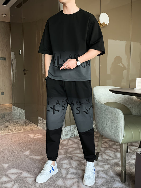 Տղամարդկանց ամառային, առօրյա, բամբակյա խառնուրդից հագուստի հավաքածու՝ գրադիենտ գույնի կարճ թևքով մարզաշապիկ և ոճային լարով շորտեր, լվացքի մեքենայով լվացվող