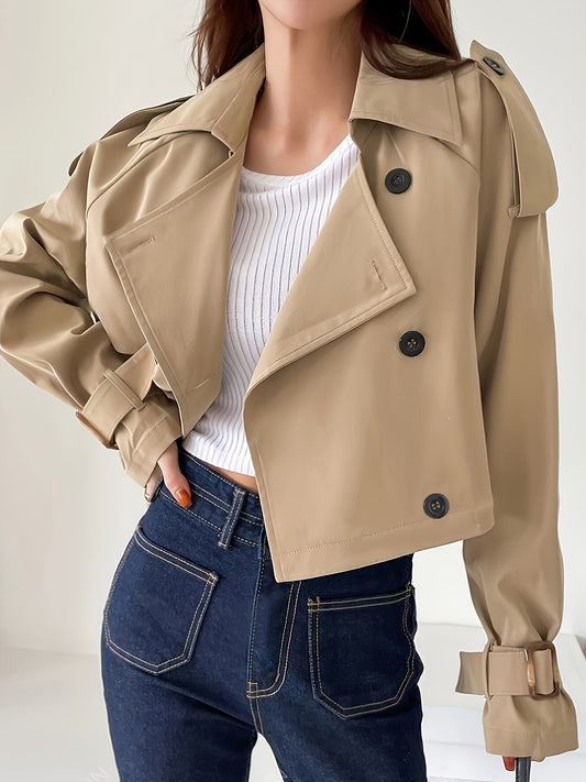 Buckle Cuff Lapel Neck Trench Coat, Stylish Solid Color Crop Long Sleeve Coat For Spring & Fall, Women's Clothing - ayq