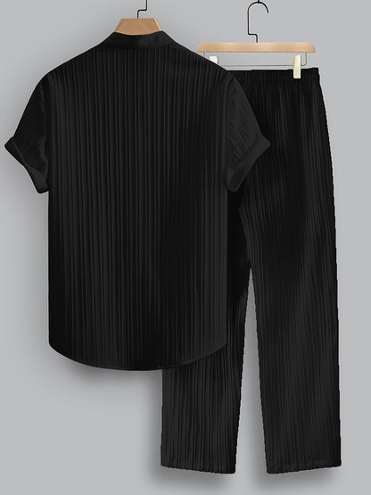2-Piece Men's Summer Striped Polyester Suit, Short Sleeve Stand Collar Shirt and Drawstring Pants, Non-Stretch Fabric, Suitable for Casual Wear and Beach Vacation, Solid Color