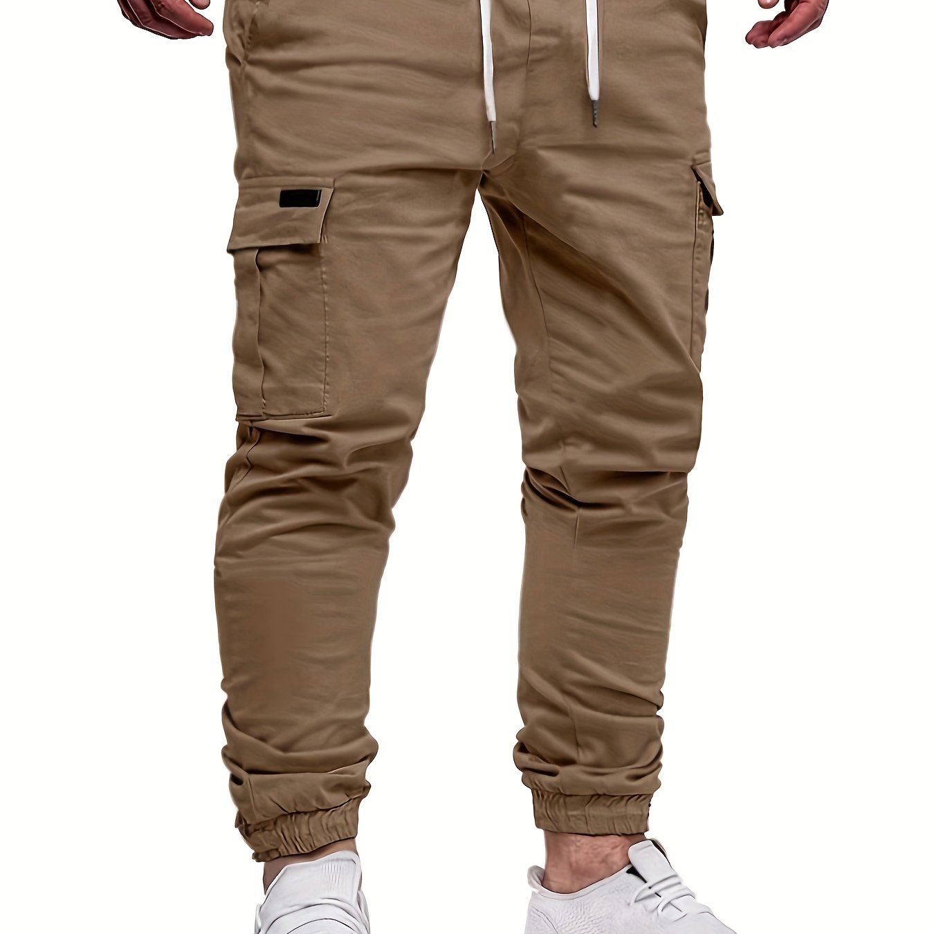 Men's Fashion, Regular Fit And Cuffed Solid Cargo Pants With Flap Pockets, Chic And Trendy Solid Drawstring Leisure Trousers For Daily Outerwear - ayq