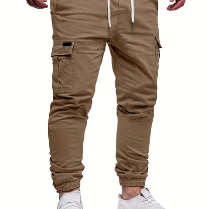 Men's Fashion, Regular Fit And Cuffed Solid Cargo Pants With Flap Pockets, Chic And Trendy Solid Drawstring Leisure Trousers For Daily Outerwear - ayq