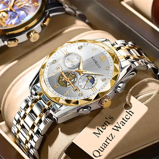 1pc Men'S Stainless Steel Quartz Watch with IPX7, Luminous Display, Rhinestone Accents, Scratch-Resistant Dial, Date Window & Chronograph Function - Stylish Casual Timepiece for Casual Attire, Everyday Timepiece | Luminous Wa