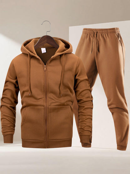 Autumn Winter Men's Hooded Sportswear Set, Simple Classic Versatile Outfit with Zip-Up -Lined Warm Jacket and Drawstring Sweatpants for Casual Leisurewear