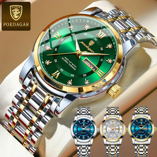 POEDAGAR Men&Women&Apos;S Calendar Week Luminous Stainless Steel Watch - Trendy Casual Quartz Wristwatch with Blue Dial, Roman Numerals, And Date Display, Ideal Gift for Sports Enthusiasts, Casual Wear Watch | Trendy Casual W