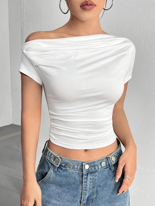 Women'S Asymmetrical Shoulder Ruffled Hem Short T-Shirt - ayq