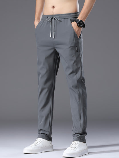 Men's Slim Fit Casual Drawstring Sports Pants, Summer Lightweight Trendy Elastic Quick-Dry Long Trousers, Stylish Comfortable Leisure Wear