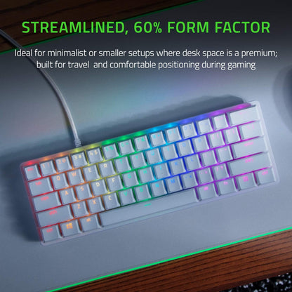 Razer Huntsman Mini 60% Gaming Keyboard + PBT Keycap + Coiled Cable Upgrade Set Bundle: Mercury White/Clicky Optical - Quartz Pink