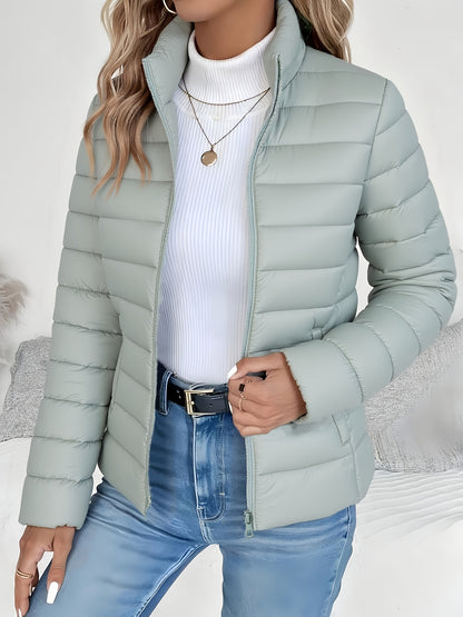Women's Lightweight Winter Coat - Elegant Stand Collar Long Jacket, Machine Washable Cold Weather Outerwear for Fall/Winter, Formal & Everyday Use - Elegant Women's Outerwear, Casual Cold Wear, High Collar Design, Zipper Clos