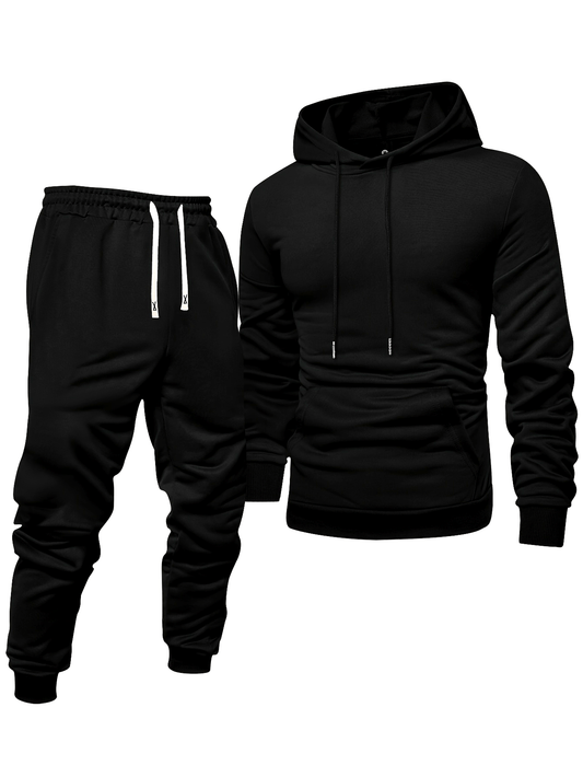 Men's Long Sleeve Hooded Sweatshirt + Threaded Sweatpants Set Spring and Autumn Solid Color Pullover Regular Long Sleeve T-shirt and Pants Belt Drawstring Casual Sports Trousers Two-piece Set