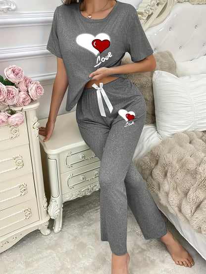 Casual Leisure Suit, Women's Double Love Print Short Sleeve Round Neck T-shirt and Pants Pajama Two-Piece Set Casual Comfortable Soft Home Clothes