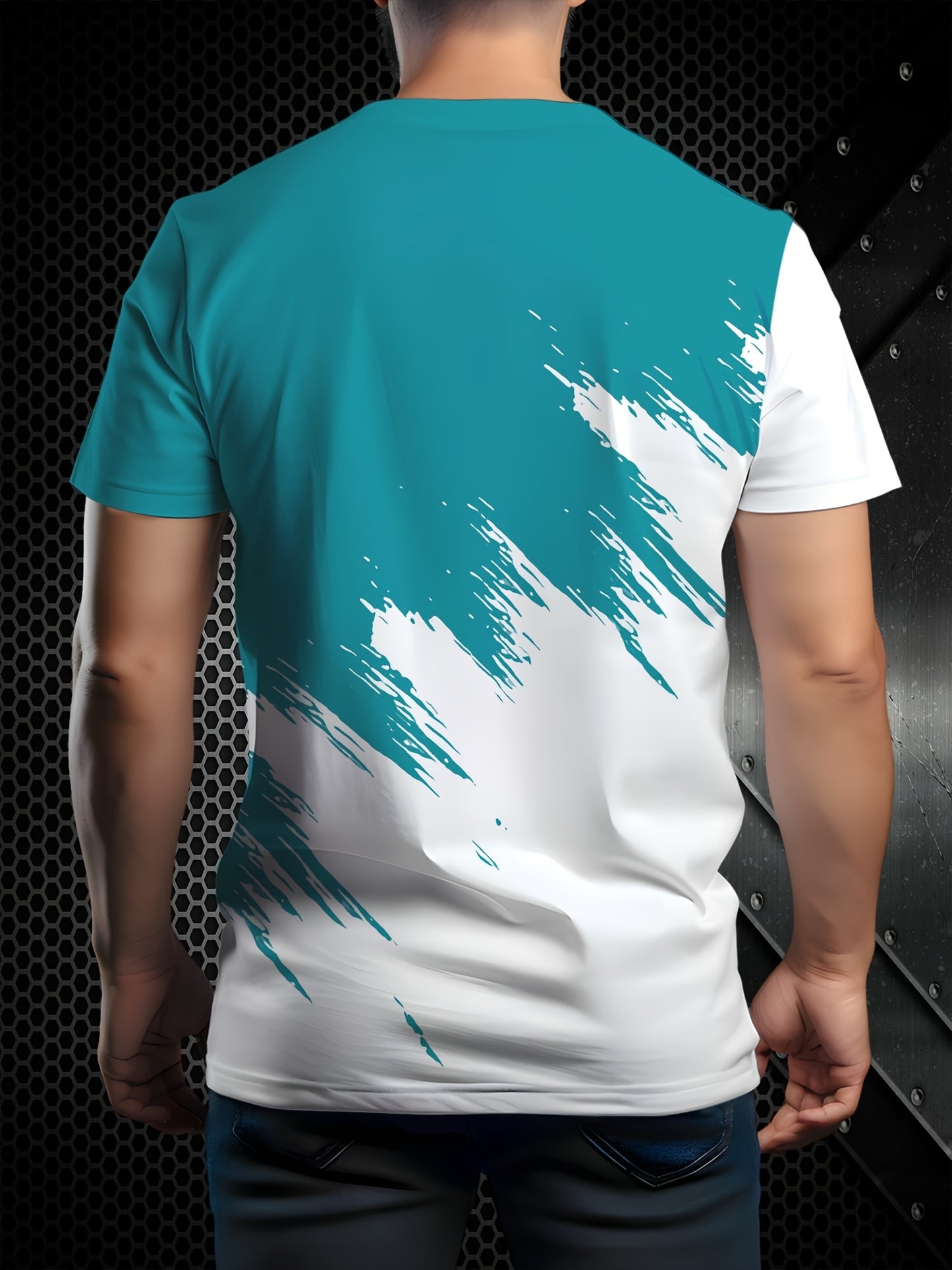 Men's Casual Short Sleeve T-Shirt with 3D Lightning Print, Dual-Tone Design, Round Neck - Polyester Blend, Machine Washable, Ideal for Summer Outdoor Activities, Summer Casual Wear|Round Neck Top|Smooth Fabric